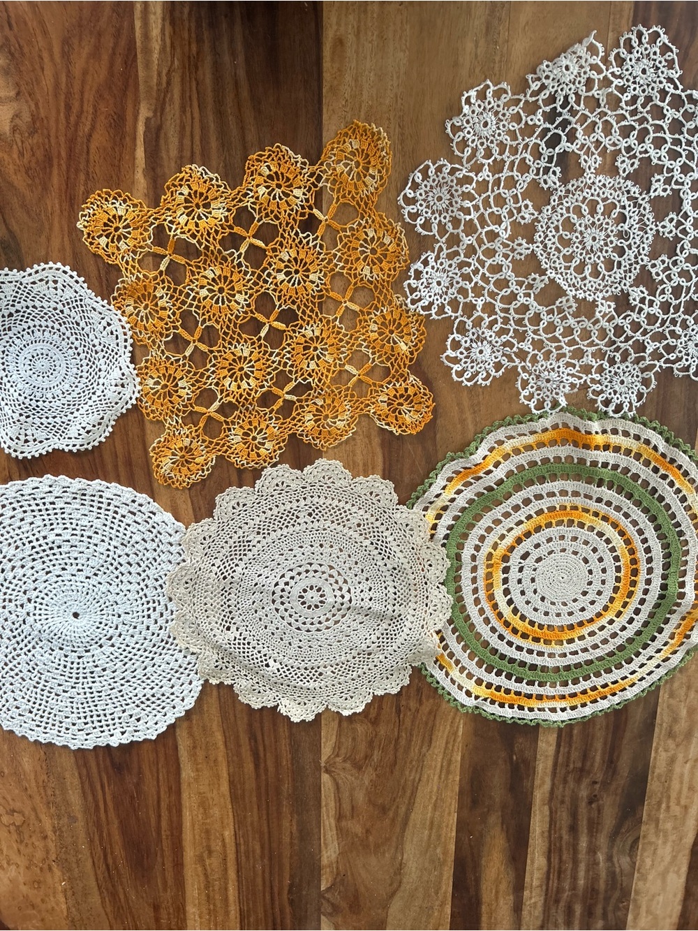 Handmade Crochet Doilies Set 6- Retro Vintage orange white Round